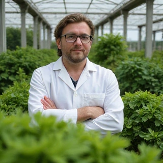 Ritratto di un membro del team Romavix, un botanico con uno sfondo di piante rigogliose.