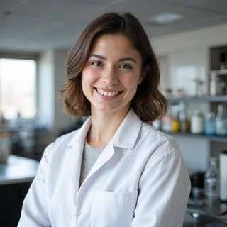 Ritratto di un membro del team Romavix, un giovane chimico sorridente con camice da laboratorio.